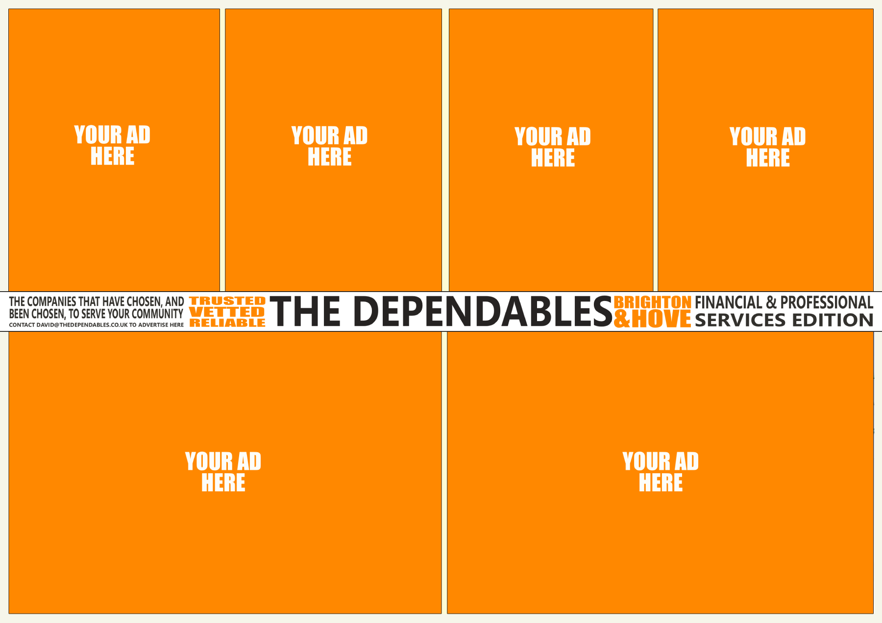 A mockup of The Dependables A4 mailer showing slots for multiple businesses